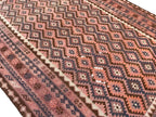 Vintage Style Afghan Kilim Rug – Dusty Rose & Terracotta Geometric Flatweave | Earthy Boho Area Rug | 251 x 378 cm