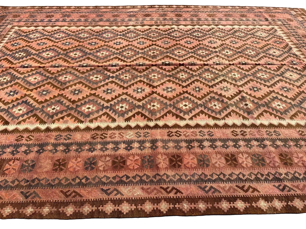 Vintage Style Afghan Kilim Rug – Dusty Rose & Terracotta Geometric Flatweave | Earthy Boho Area Rug | 251 x 378 cm