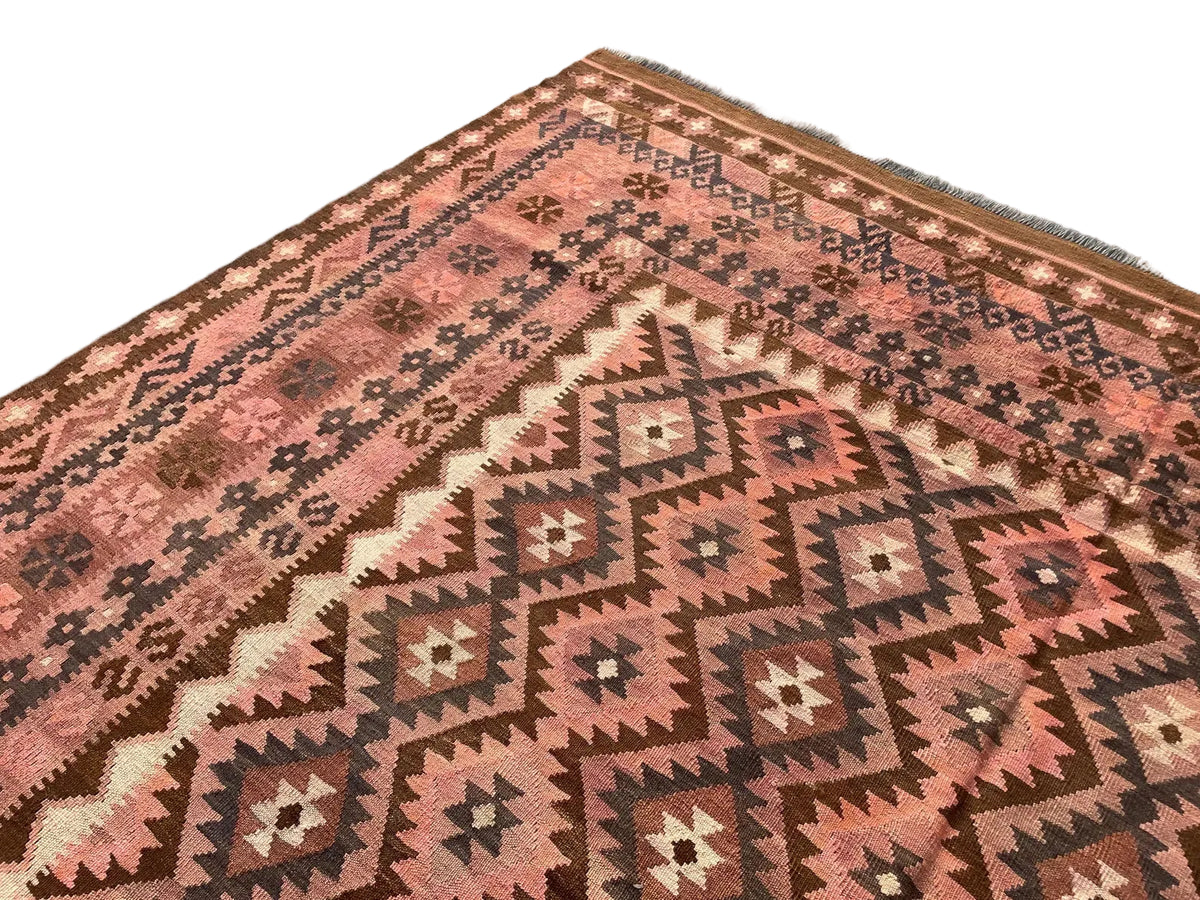 Vintage Style Afghan Kilim Rug – Dusty Rose & Terracotta Geometric Flatweave | Earthy Boho Area Rug | 251 x 378 cm