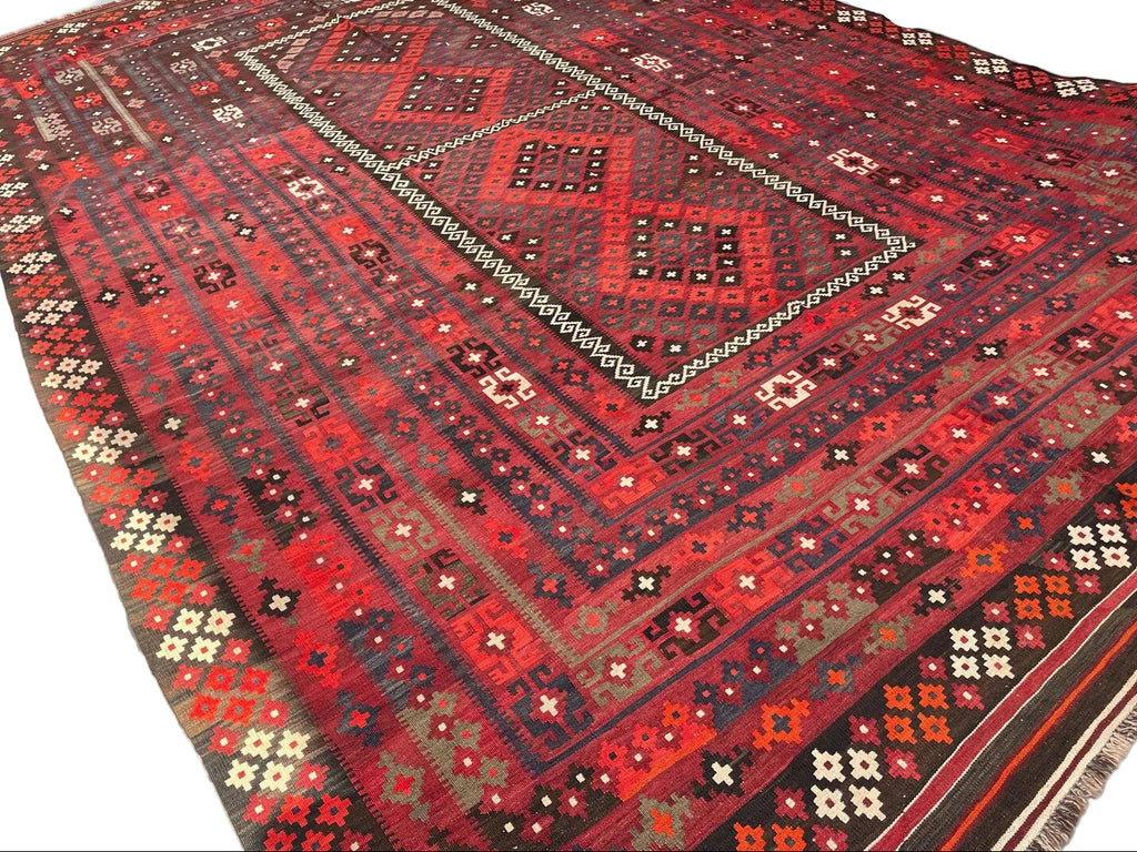 Extra Large Afghan Kilim Rug – Red & Black Tribal Geometric Flatweave Carpet | Traditional Area Rug | 290 x 472 cm