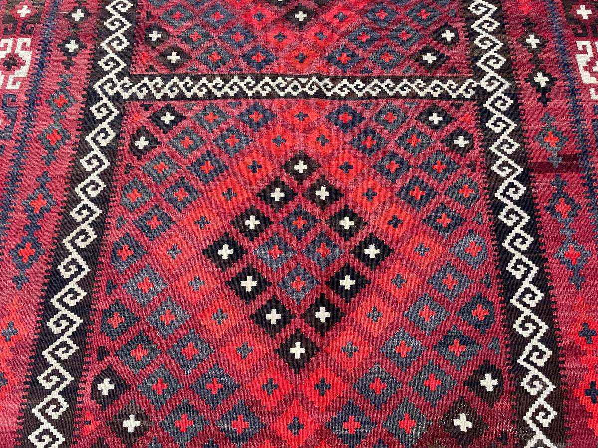 Extra Large Afghan Kilim Rug – Red & Black Tribal Geometric Flatweave Carpet | Traditional Area Rug | 290 x 472 cm