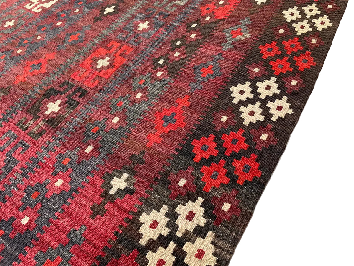 Extra Large Afghan Kilim Rug – Red & Black Tribal Geometric Flatweave Carpet | Traditional Area Rug | 290 x 472 cm