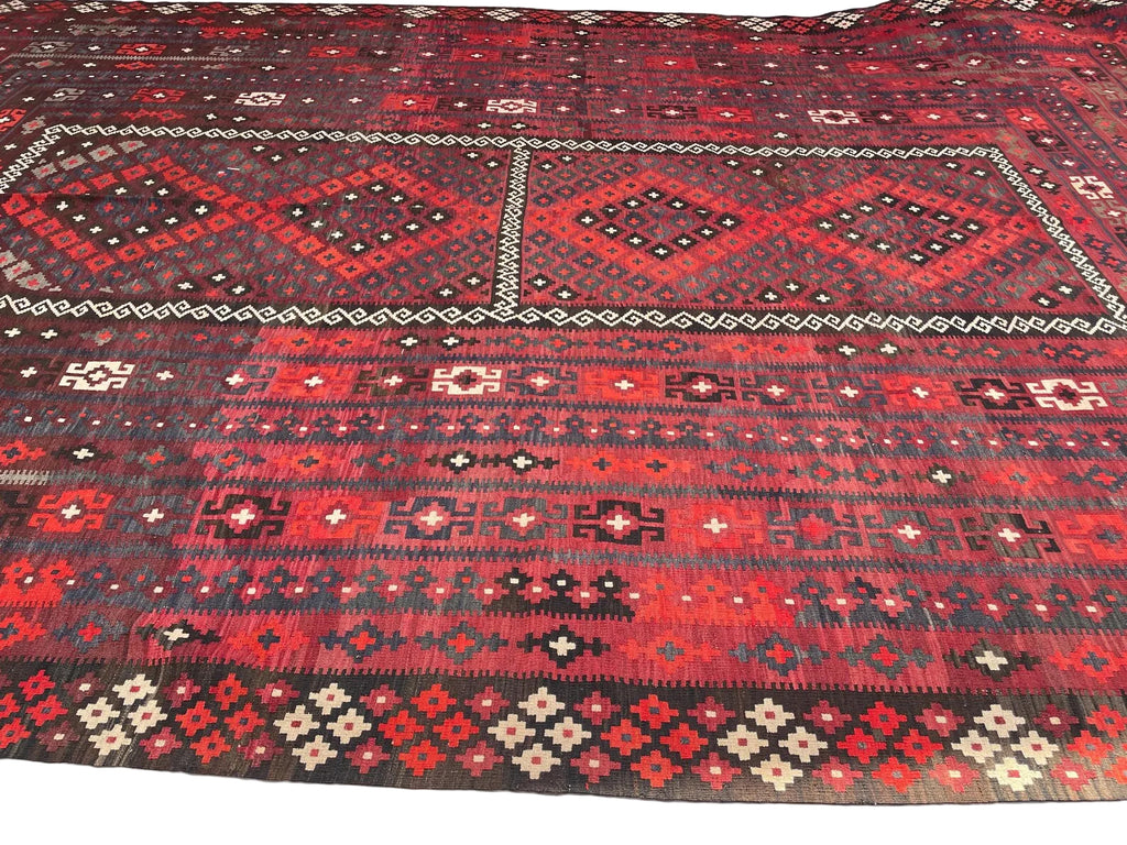Extra Large Afghan Kilim Rug – Red & Black Tribal Geometric Flatweave Carpet | Traditional Area Rug | 290 x 472 cm