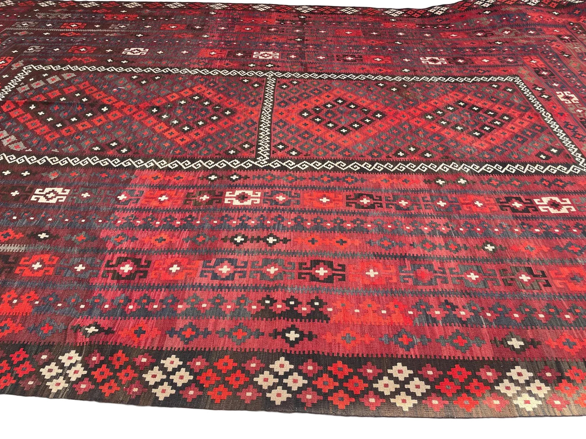 Extra Large Afghan Kilim Rug – Red & Black Tribal Geometric Flatweave Carpet | Traditional Area Rug | 290 x 472 cm