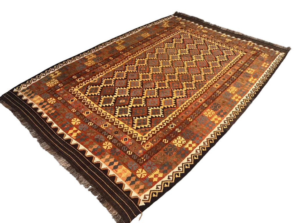 Afghan Kilim Rug – Rust Orange & Brown Tribal Diamond Carpet | Traditional Geometric Flatweave Rug | 206 x 294 cm