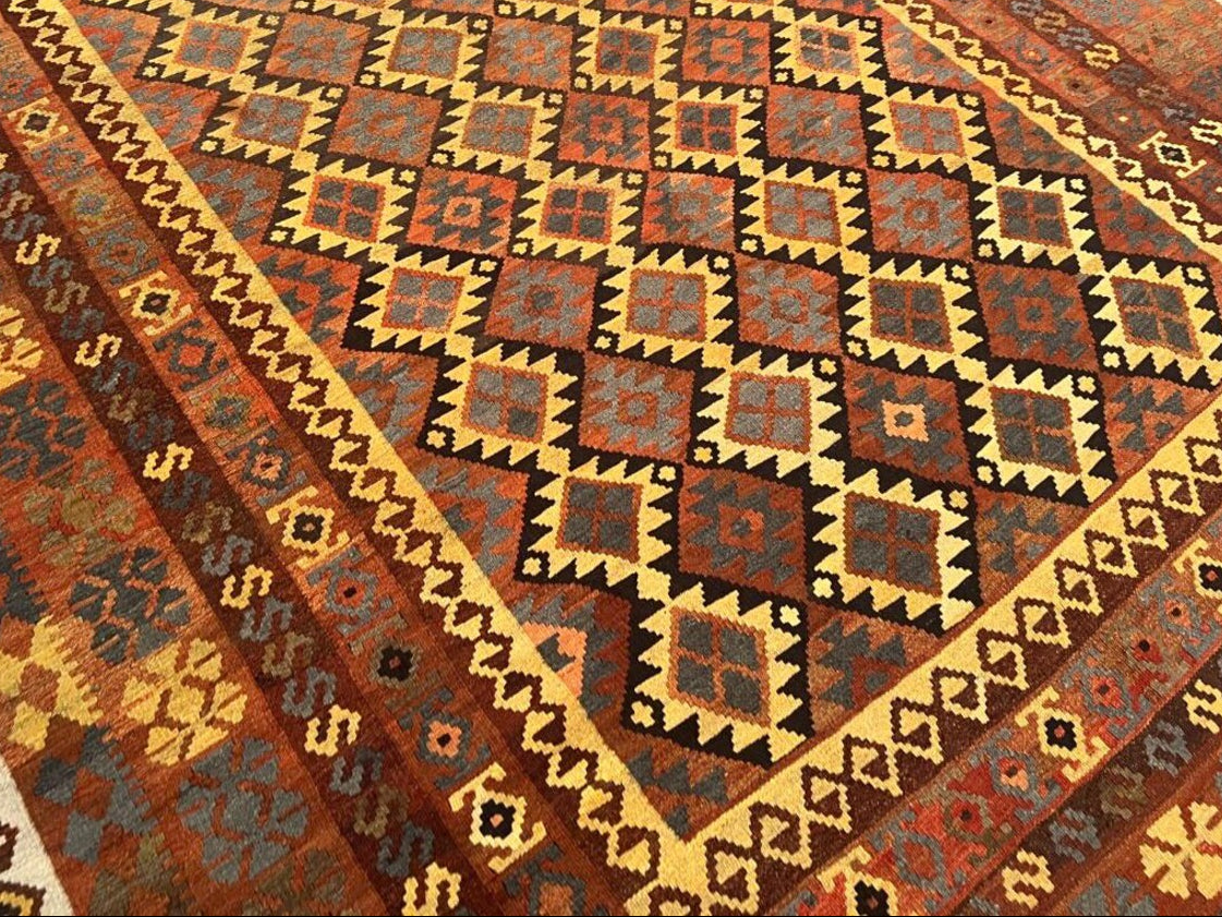 Afghan Kilim Rug – Rust Orange & Brown Tribal Diamond Carpet | Traditional Geometric Flatweave Rug | 206 x 294 cm