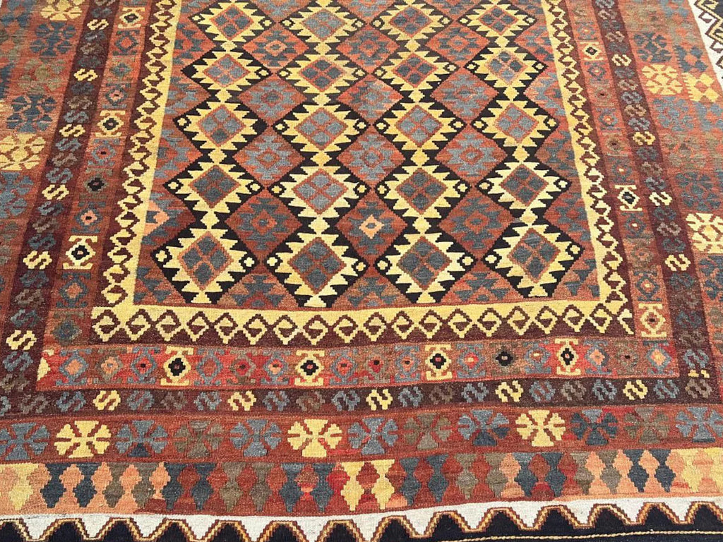 Afghan Kilim Rug – Rust Orange & Brown Tribal Diamond Carpet | Traditional Geometric Flatweave Rug | 206 x 294 cm