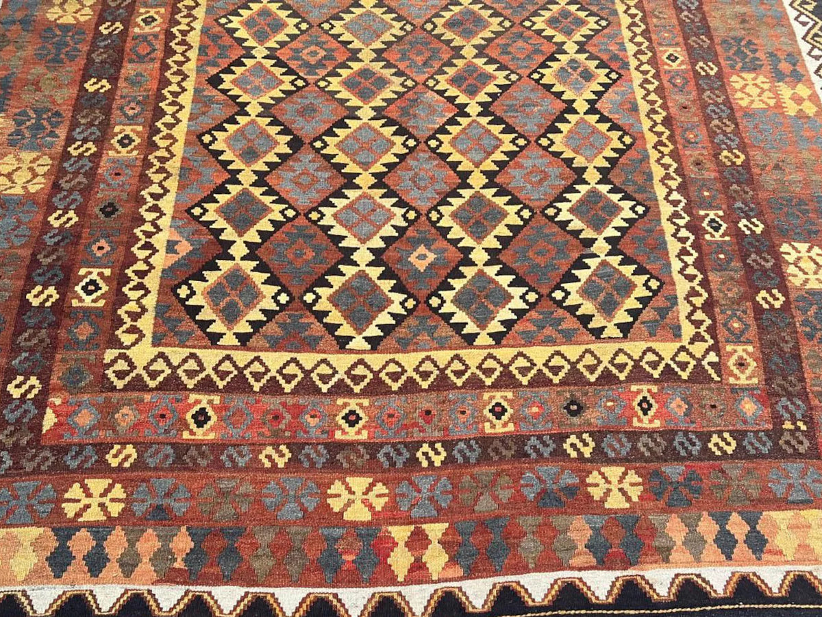 Afghan Kilim Rug – Rust Orange & Brown Tribal Diamond Carpet | Traditional Geometric Flatweave Rug | 206 x 294 cm