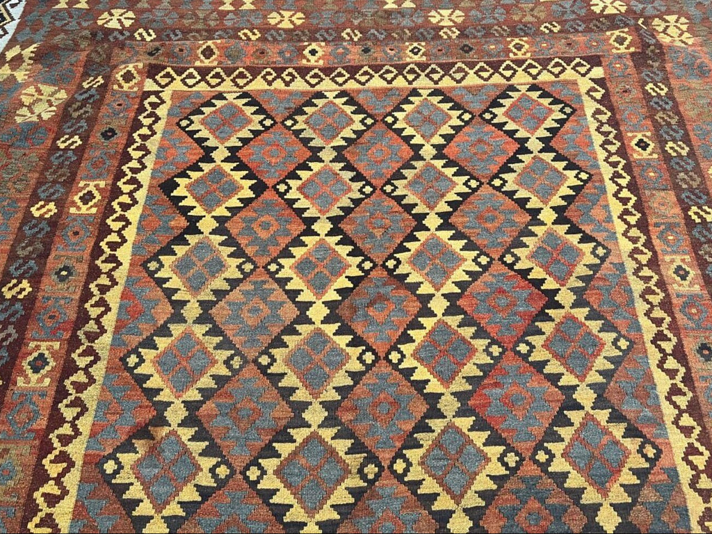 Afghan Kilim Rug – Rust Orange & Brown Tribal Diamond Carpet | Traditional Geometric Flatweave Rug | 206 x 294 cm