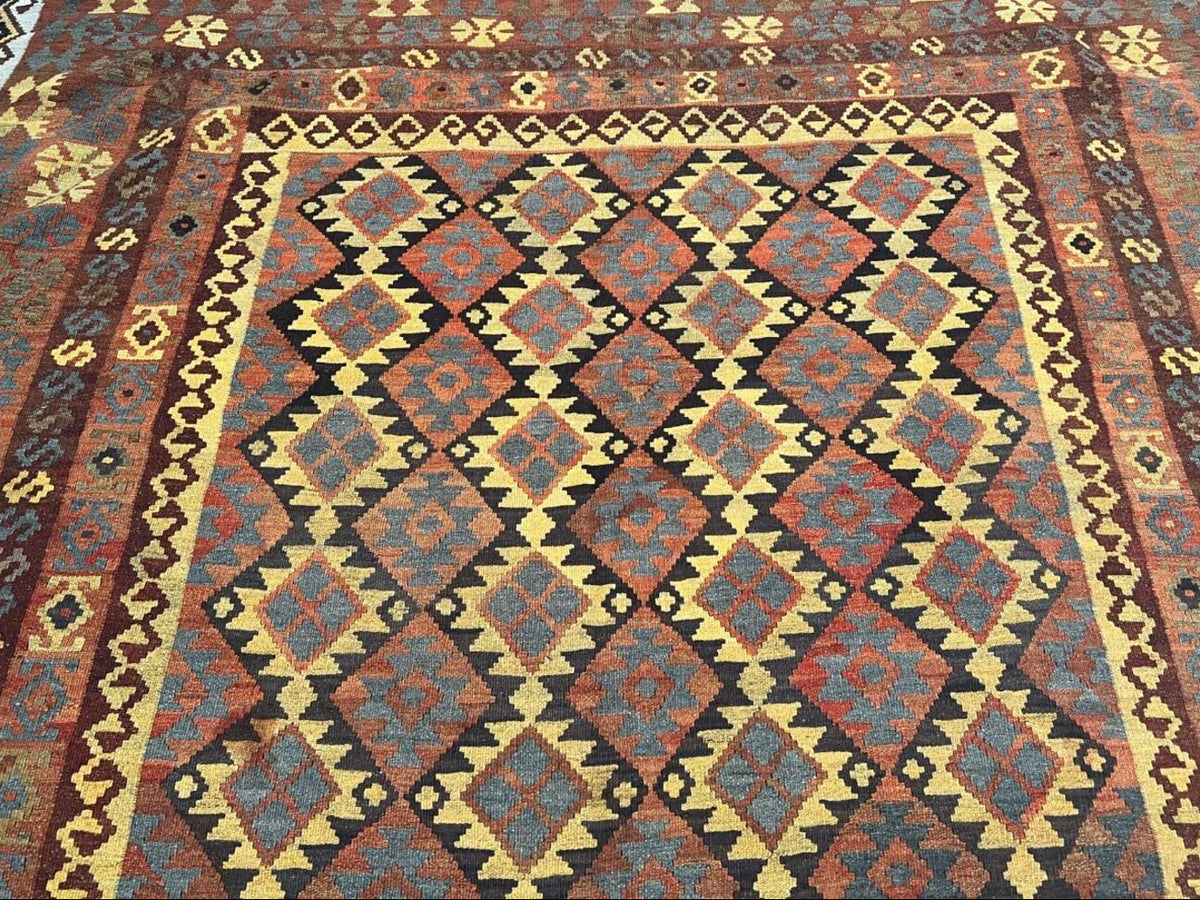 Afghan Kilim Rug – Rust Orange & Brown Tribal Diamond Carpet | Traditional Geometric Flatweave Rug | 206 x 294 cm