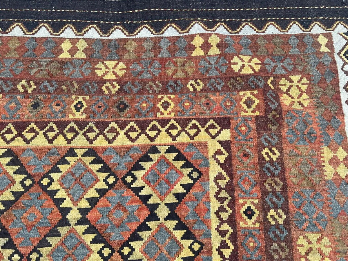 Afghan Kilim Rug – Rust Orange & Brown Tribal Diamond Carpet | Traditional Geometric Flatweave Rug | 206 x 294 cm
