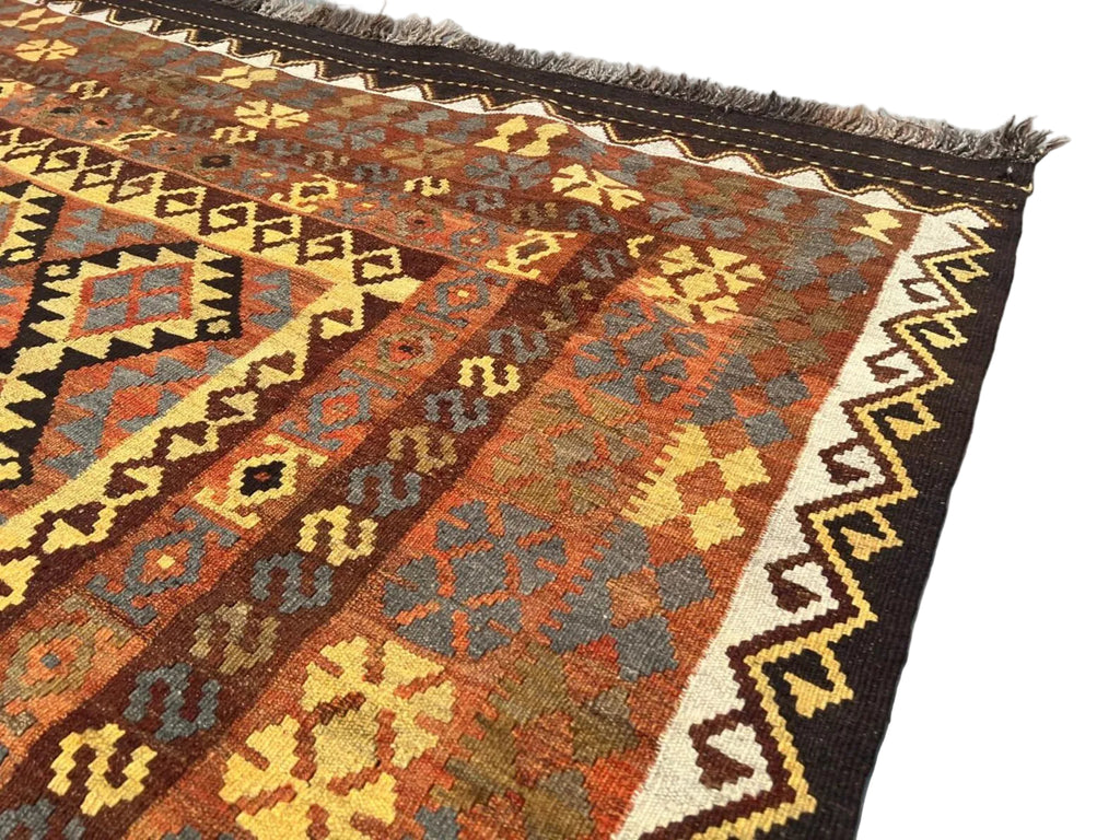 Afghan Kilim Rug – Rust Orange & Brown Tribal Diamond Carpet | Traditional Geometric Flatweave Rug | 206 x 294 cm