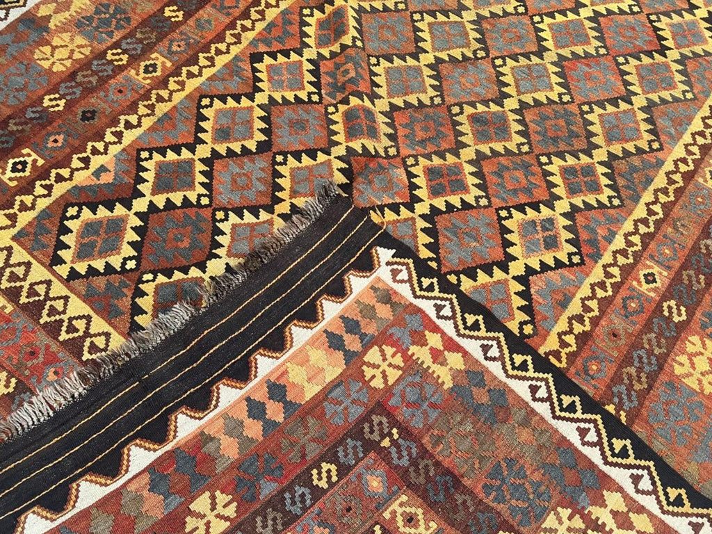Afghan Kilim Rug – Rust Orange & Brown Tribal Diamond Carpet | Traditional Geometric Flatweave Rug | 206 x 294 cm