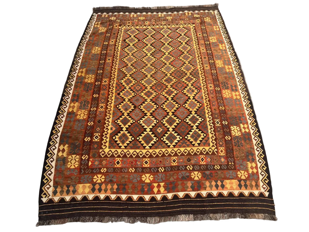 Afghan Kilim Rug – Rust Orange & Brown Tribal Diamond Carpet | Traditional Geometric Flatweave Rug | 206 x 294 cm