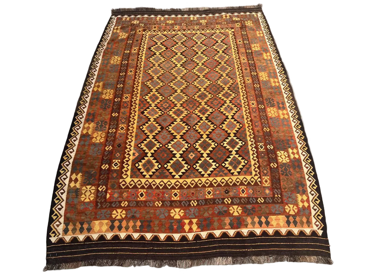 Afghan Kilim Rug – Rust Orange & Brown Tribal Diamond Carpet | Traditional Geometric Flatweave Rug | 206 x 294 cm