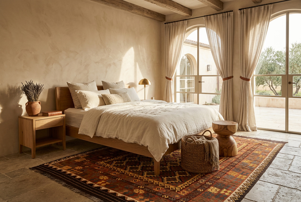 Traditional geometric Afghan Kilim rug displayed beneath a natural oak bed in a rustic Mediterranean-inspired bedroom.