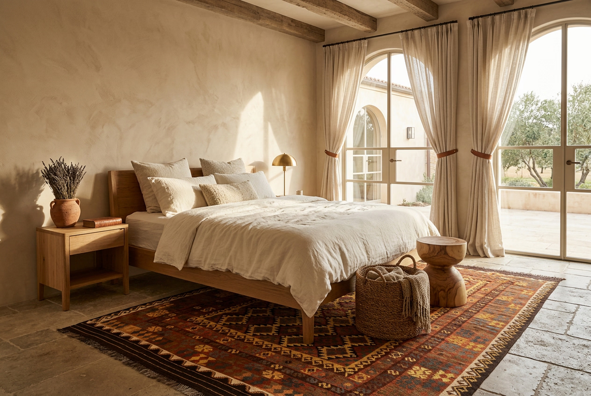 Traditional geometric Afghan Kilim rug displayed beneath a natural oak bed in a rustic Mediterranean-inspired bedroom.