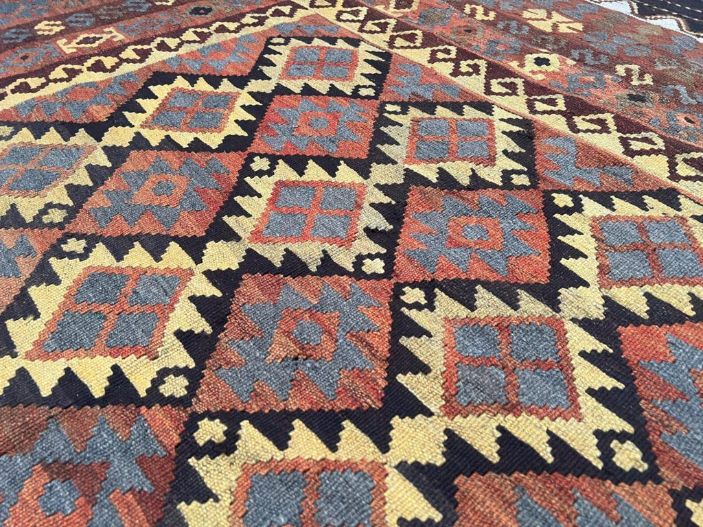 Afghan Kilim Rug – Rust Orange & Brown Tribal Diamond Carpet | Traditional Geometric Flatweave Rug | 206 x 294 cm