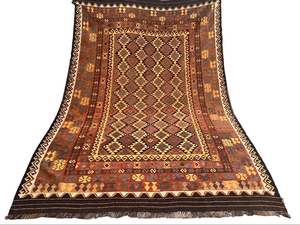 Afghan Kilim rug measuring 206 x 294 cm, featuring rust orange, chocolate brown and golden ochre geometric diamond patterns with traditional tribal borders.