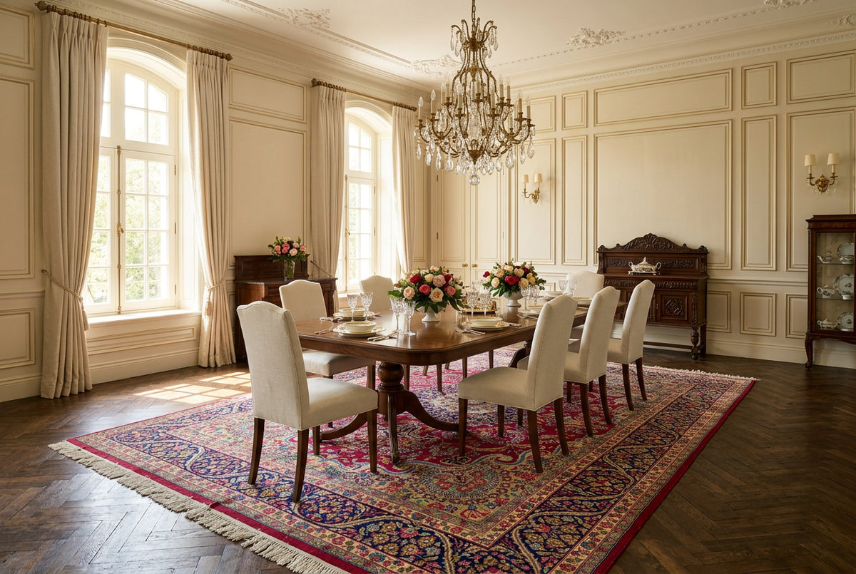 Traditional Persian-style medallion rug displayed beneath a walnut dining table in a luxurious formal dining room.