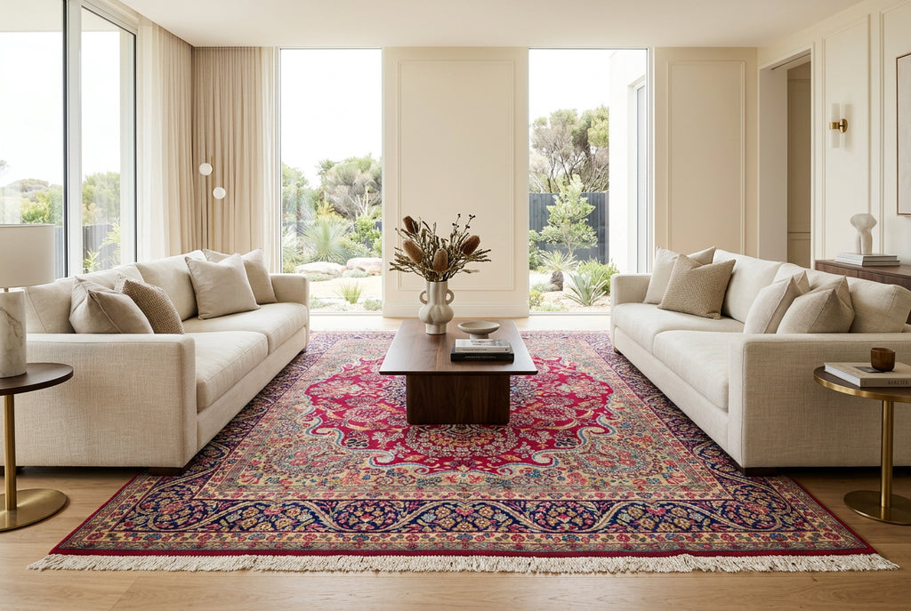 Elegant ruby-red floral Oriental rug styled in a luxury contemporary living room with cream sofas, walnut furniture and neutral décor.