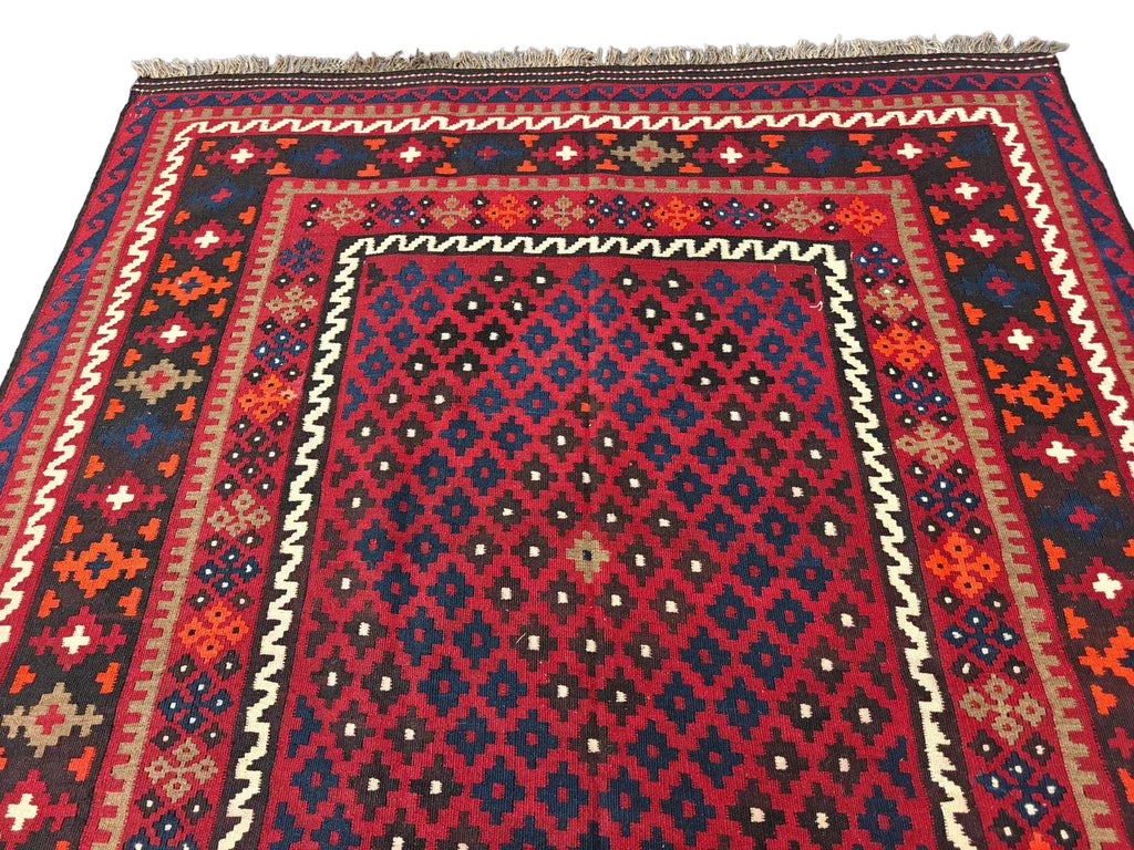 Handmade Afghan Kilim Rug – Red Tribal Wool Flatweave Carpet | Traditional Geometric Area Rug | 204 x 291 cm