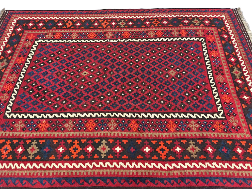 Handmade Afghan Kilim Rug – Red Tribal Wool Flatweave Carpet | Traditional Geometric Area Rug | 204 x 291 cm