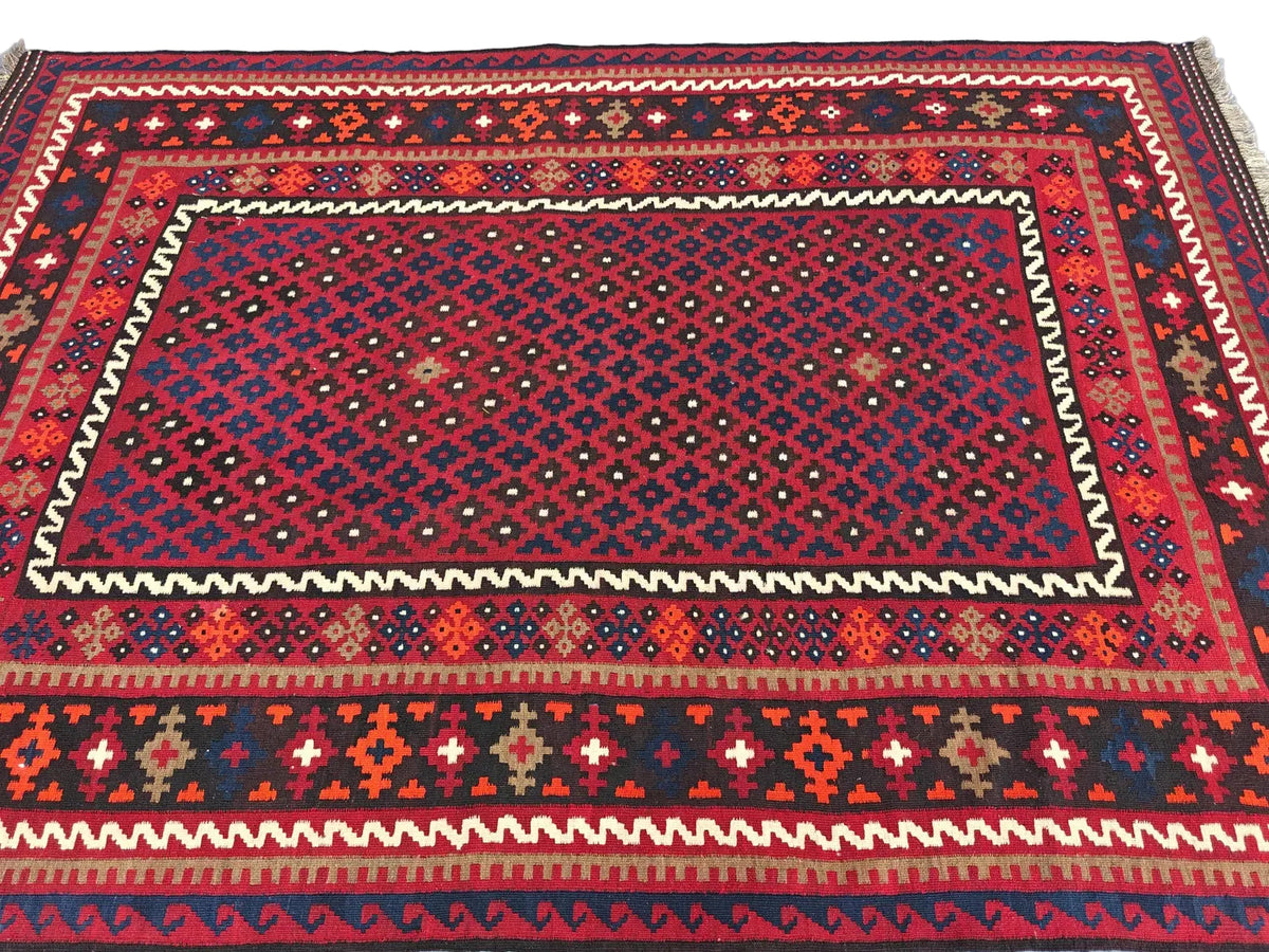 Handmade Afghan Kilim Rug – Red Tribal Wool Flatweave Carpet | Traditional Geometric Area Rug | 204 x 291 cm