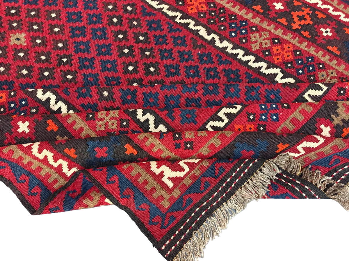 Handmade Afghan Kilim Rug – Red Tribal Wool Flatweave Carpet | Traditional Geometric Area Rug | 204 x 291 cm