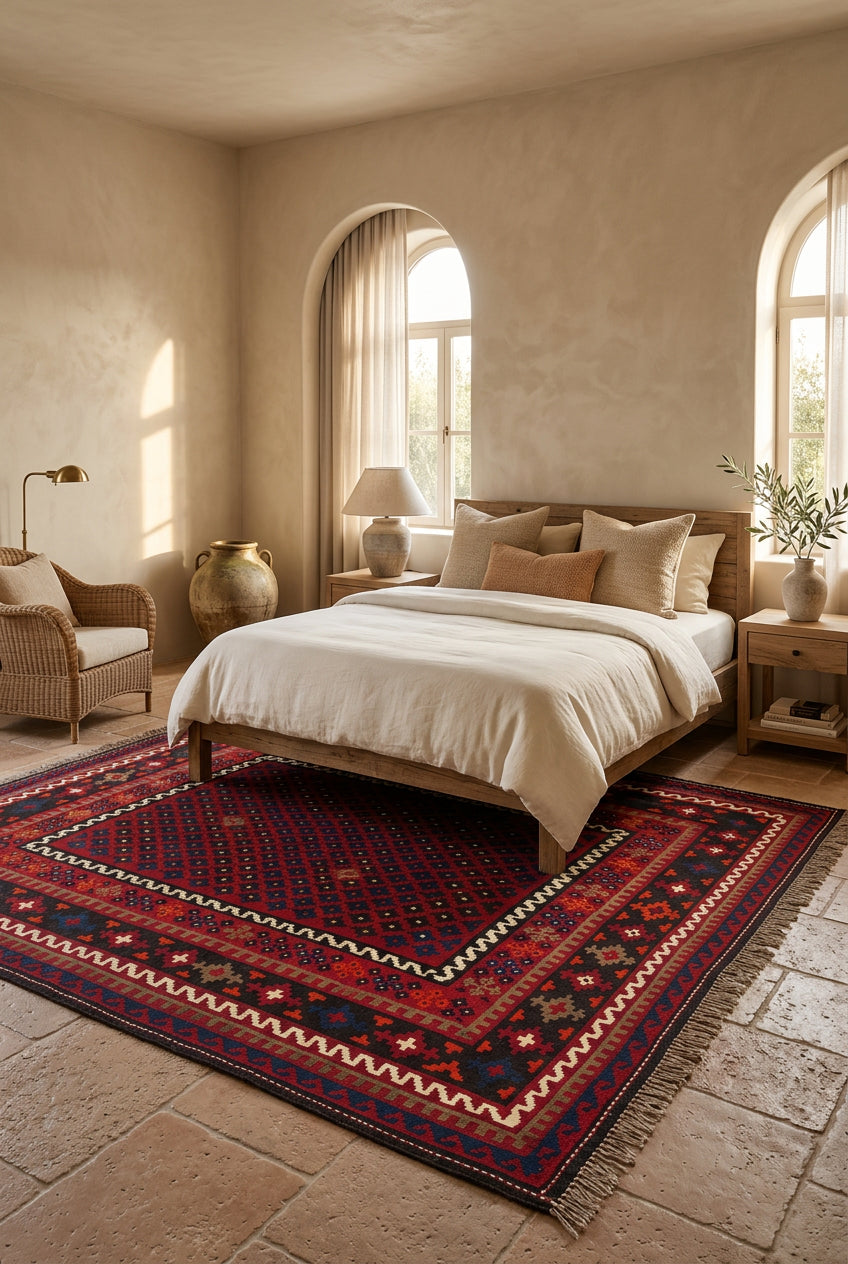 Handmade Afghan Kilim Rug – Red Tribal Wool Flatweave Carpet | Traditional Geometric Area Rug | 204 x 291 cm