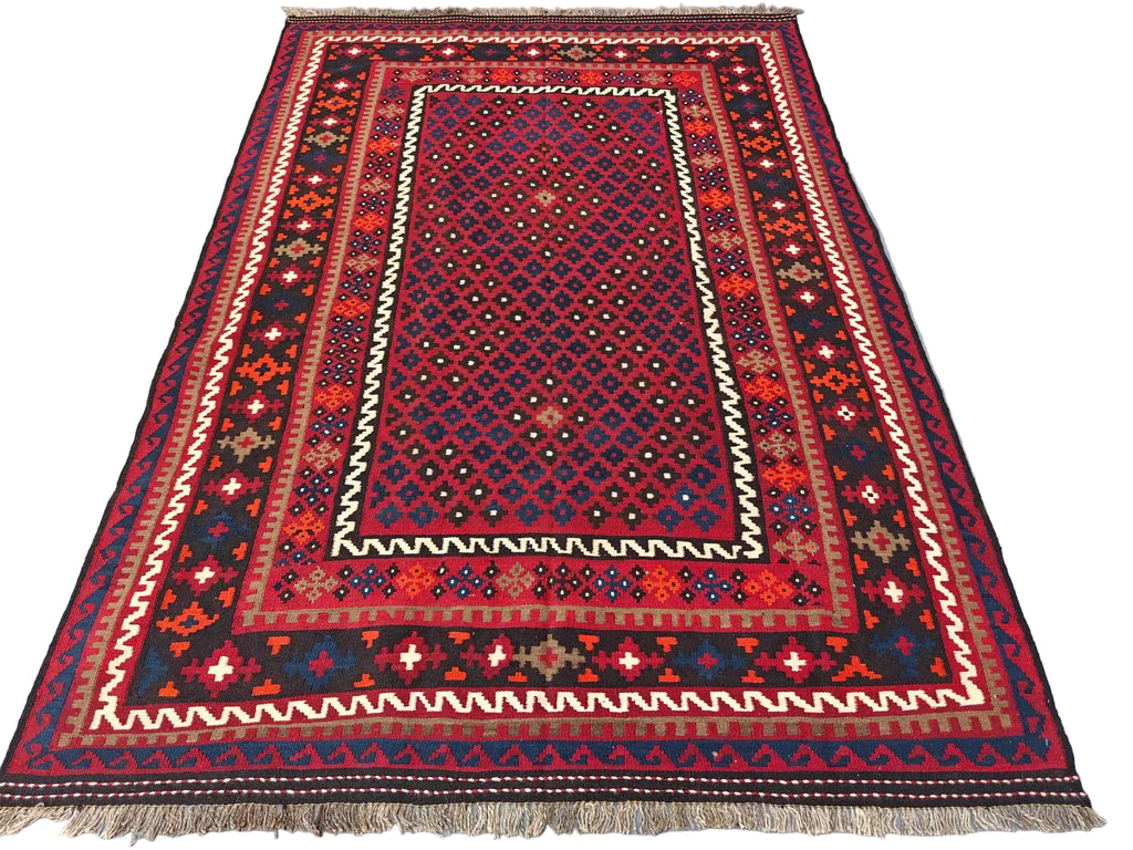 Handmade Afghan Kilim Rug – Red Tribal Wool Flatweave Carpet | Traditional Geometric Area Rug | 204 x 291 cm