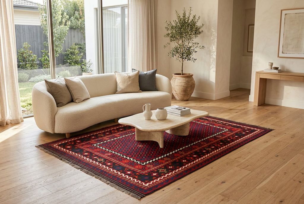 Handmade Afghan Kilim Rug – Red Tribal Wool Flatweave Carpet | Traditional Geometric Area Rug | 204 x 291 cm