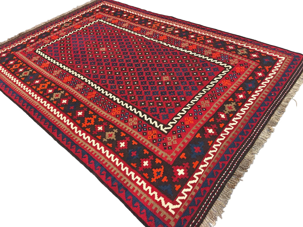 Handmade Afghan Kilim Rug – Red Tribal Wool Flatweave Carpet | Traditional Geometric Area Rug | 204 x 291 cm