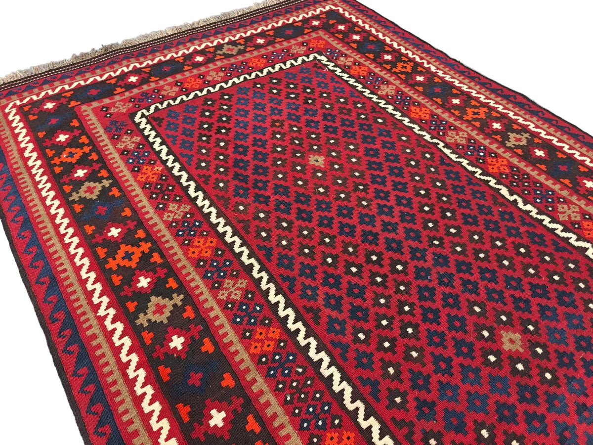 Handmade Afghan Kilim Rug – Red Tribal Wool Flatweave Carpet | Traditional Geometric Area Rug | 204 x 291 cm