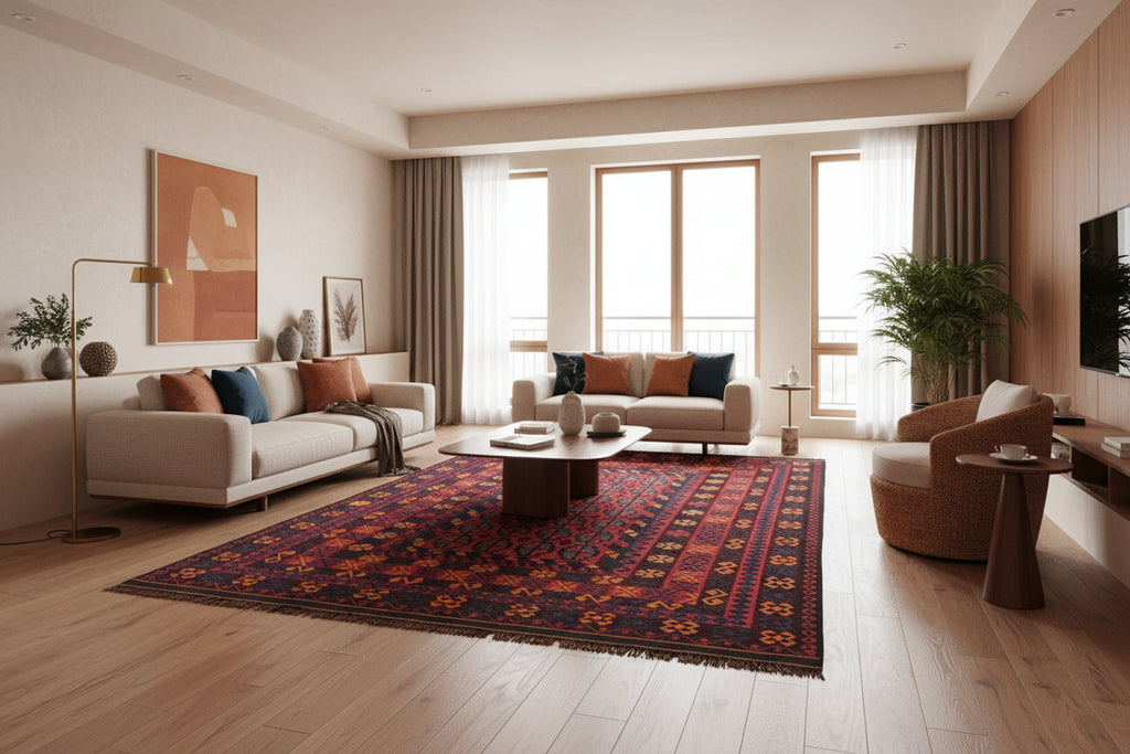 Jewel-Tone Afghan Kilim Rug – 201 x 198 cm | Vintage Tribal Wool Flatweave